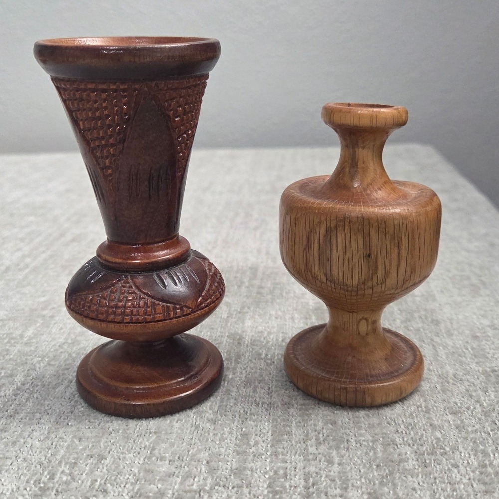 Vintage Hand Carved Miniature Wooden Vase Set 2 Piece Boho Decorative Bud Vases